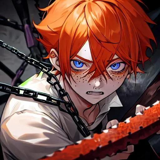 Prompt: Erikku male adult (short ginger hair, freckles, right eye blue left eye purple) 8K, Highly detailed, insane detail, best quality, high quality, holding a chain saw