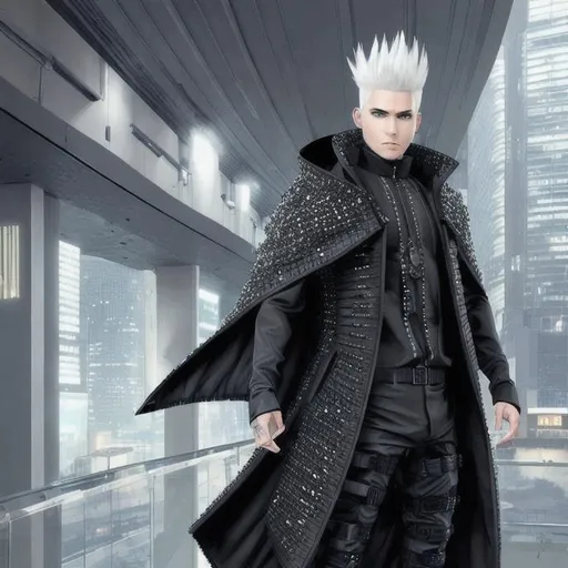 Prompt: JAXER KAZE : Hyper Detailed,  ultra realistic, white hair mohawk male in black tactical tech uniform poncho coat,  IN UNDERGROUND DAZZLING CRYSTAL CITY , 