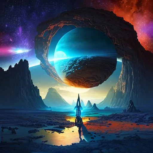 Prompt: an alien planet from where you can see earth through an epic portal, heavenly blue landscape, red oceans, green mountains, bejeweled moon satellites, glitter, diamonds, fantasy by noah bradley, H.R. Giger, bokeh, award-winning art, UHD, HDR, concept art, extradimensional