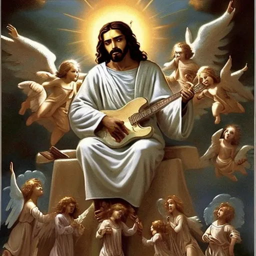 Prompt: that guy on the corner playing guitar named jesus dressed like jesus surrounded by flying cherubs