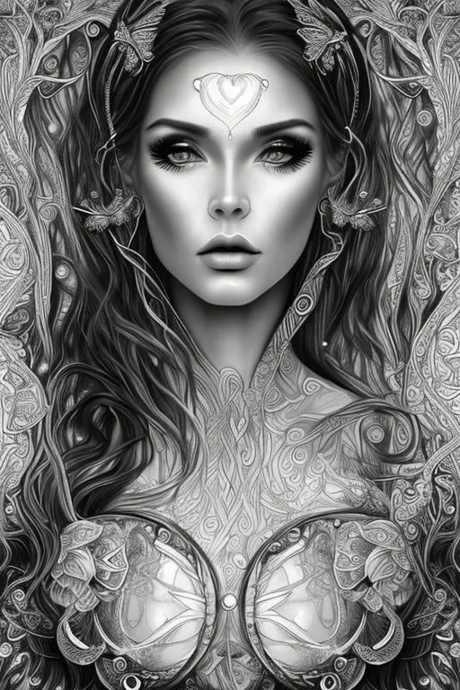 Prompt: coloring page , black and white  of beautiful fantasy goddess,  clear facial features, flat beauty lighting,  fine lines, framed in  bubbles , fantasy, smooth lines, beautiful , dreamy,  light image, light background, head and shoulders, sharp focus