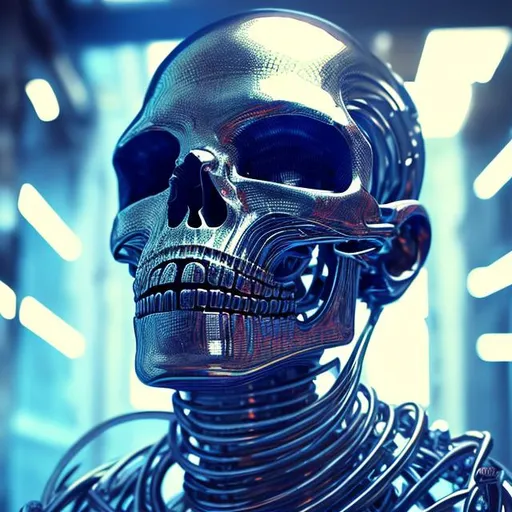 Prompt: Old Futuristic realistic metal human skull reflection blue light high complex, spiral spring, steel spring, valves, gear, leds, swich, lines, chrome, axys, resolution 8k 