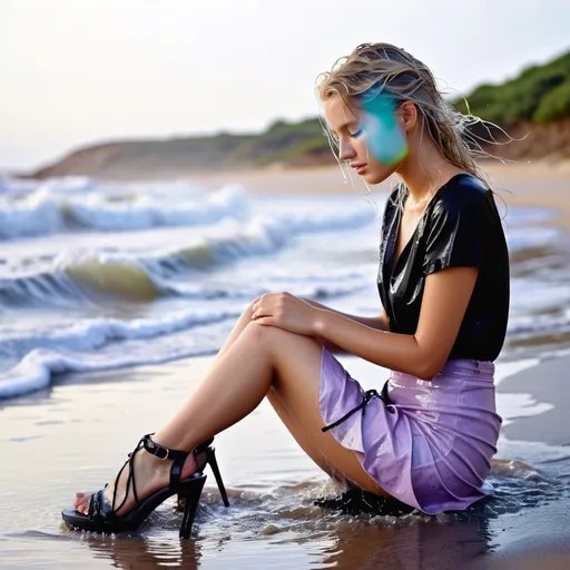 Prompt: photo of young woman, in soaking wet clothes, (wet black high heel sandals, pale lilac mini skirt, black blouse),  , sitting by the surf,   enjoying, wet clothes stuck to body,  detailed textures of the wet clothes, wet face, wet plastered hair,  wet, drenched, professional, high-quality details, full body view , blonde