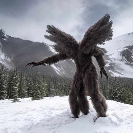 Prompt: Human sized bird-like creature on top of a snowy white mountain