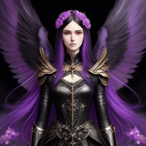 Prompt: Beautiful mage woman, black feathered angel wings, black magic, sparkling, armor, purple flowers, cyberpunk, beautiful body, long hair, tom bagshaw, amano, luis royo, highly detailed, realistic, hyper realistic, 3/4 picture, colorful, 16K HDR, artgerm, pretty visuals, wisteria, sparkling, art by agnes cecile, watercolor delicate paint, purple blue sky, marble, rococo Ornate background, gold paint, highly detailed, digital painting, smooth, sharp focus, gtgraphics, illustration, art by Kenji Gonzales, natalia fabia, mucha, artgerm, 8k, professional.