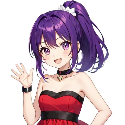 Prompt: Cute chibi art, a happy girl with vibrant purple hair in a ponytail, beautiful strapless red dress