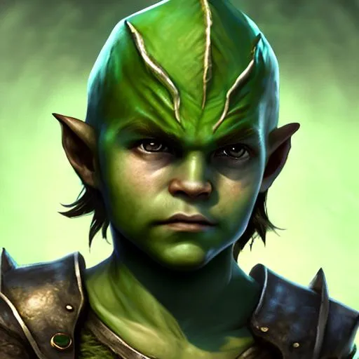 Prompt: green half-dragonborn child, portrait, D&D, realistic, highly detailed, 4k,