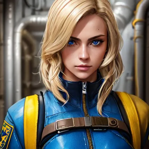 Prompt: Photo, portrait, 21 years old female, medium length blonde hair with brown highlights, fallout, blue vault jumpsuit with yellow trim, leather harness, apocalyptic, inside underground bunker, gritty atmosphere,  expressive, focused, heavenly beauty, 8k, 50mm, f/1. 4, high detail, sharp focus, perfect anatomy, highly detailed, detailed and high quality background, oil painting, digital painting, Trending on artstation, UHD, 128K, quality, Big Eyes, artgerm, highest quality stylized character concept masterpiece, award winning digital 3d, hyper-realistic, intricate, 128K, UHD, HDR, image of a gorgeous, beautiful, dirty, highly detailed face, hyper-realistic facial features, cinematic 3D volumetric, illustration by Marc Simonetti, Carne Griffiths, Conrad Roset, 3D anime girl, Full HD render + immense detail + dramatic lighting + well lit + fine | ultra - detailed realism, full body art, lighting, high - quality, engraved |