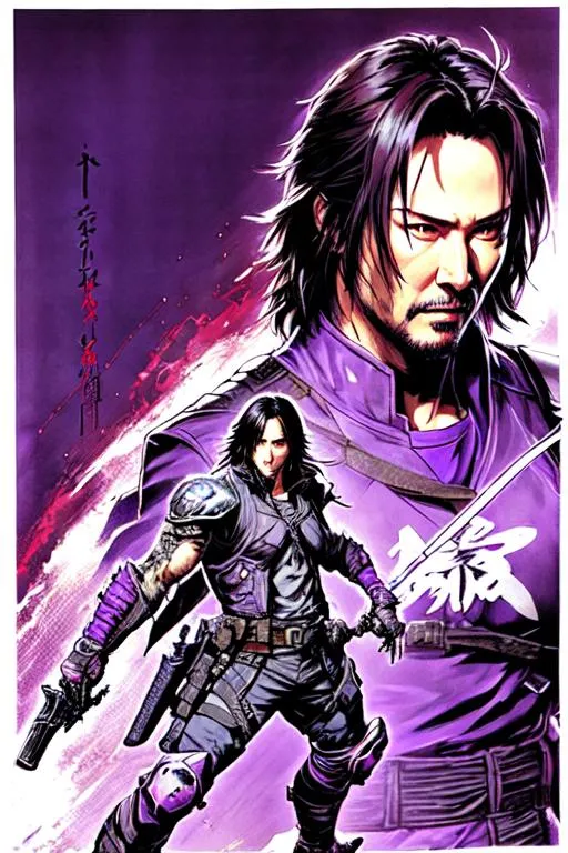 Prompt: (((Yoji Shinkawa))), sticker of ultra detailed portrait of a keanu reeves from Ninja Gaiden in purple armor. Detailed Ninja mask, high quality cell shaded illustration in post apocalyptic style by Yoji Shinkawa, ((full body)), dynamic pose, perfect anatomy, centered, freedom, soul, approach to perfection, cell shading, 4k , cinematic dramatic atmosphere, watercolor painting, global illumination, detailed and intricate environment, artstation, concept art, fluid and sharp focus, volumetric lighting, cinematic lighting, Art by Yoji Shinkawa,