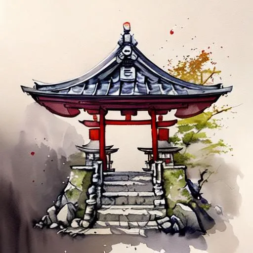 Prompt: a watercolor of a japanese shrine with a samurai and mount fuji
