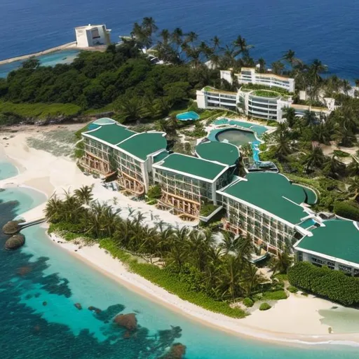 Prompt: Advanced high tech Luxurious 5star hotel  golden colour greenary on each floor , on coast of Island 