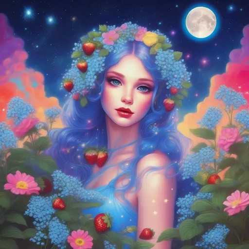 Prompt: A beautiful and colourful picture of Persephone with forget-me-not flowers, Baby's Breath flowers and strawberry plants surrounding her, framed by the moon and constellations in a Lisa Frank art style. 