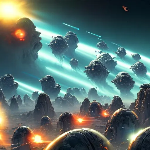 Prompt: sci-fi space war, planetary invasion of alien planet, pov from space, from invading fleet, formations, laser beams, symmetrical, extreme wide shot