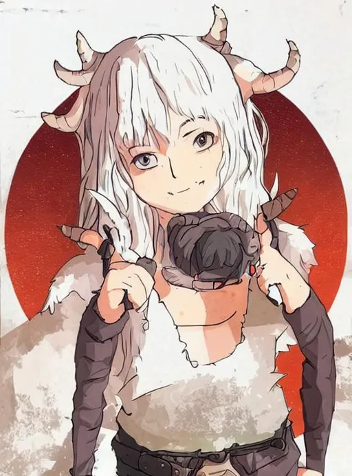 Prompt: white hair, smug, horns, in studio ghibli style
