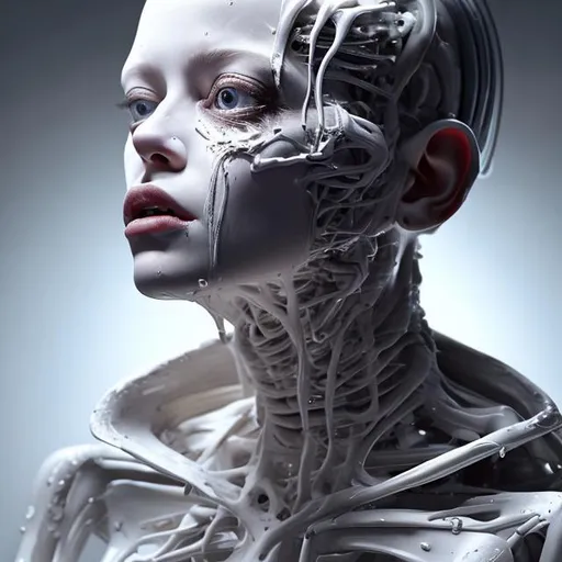 Prompt: exploded android, in the style of Gottfried Helnwein, extremely cinematic,details, details lips, details hair, looking at viewer, shadow, Light reflection on the skin, wet skin, Masterpiece, skinny, natural lighting realistic,