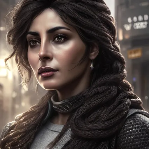 Prompt: beautiful middle-aged middle-eastern woman female, black gray braid, thoughtful, intense, medium-brown skin, full lips, government uniform, futuristic, portrait, realistic details, photorealistic, 8k render, cinematic lighting, ultra detailed