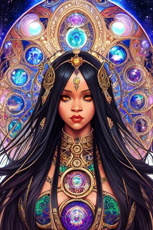 Prompt: symmetrical, close-up beautiful detailed portrait (((((rihanna))))), beautiful, intricate, magical, sacred, grim frightening goddess of death and destruction, divine chaos engine, symbolist, visionary, art nouveau, sci-fi gothic fractal structures, by Alex Grey by Alphonso Mucha by Caia Koopman by Anne Stokes by Charles Maurice Detmold, black red metal steel colors, metal texture, dark texture