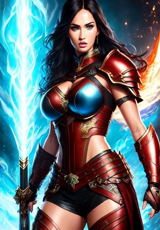 Prompt: UHD, , 8k, high quality, poster art, (( Aleksi Briclot art style)), Megan Fox, hyper realism, Very detailed, full body, muscular, view of a young wielding magic in hands, black hair, light blue eyes, brown skin. red leather armor, mythical, ultra high resolution, light and shading in 8k, ultra defined. 
