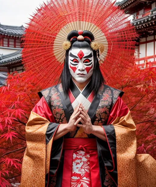 Prompt: photo of a Japanese kabuki man Actor, intricate magestic Kabuki costume, wearing Okina mask, Performing a dramatic stance, Himeji Castle in the background, surrounded the Japanese maple tree with its beautiful red leaves in the fall, intricate details, highly detailed, rotations angle 0°, 8k, photography, Pov, 