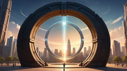 Prompt: circular stargate, gateway between worlds, interdimensional portal, ring, disc, ring standing on edge, city plaza