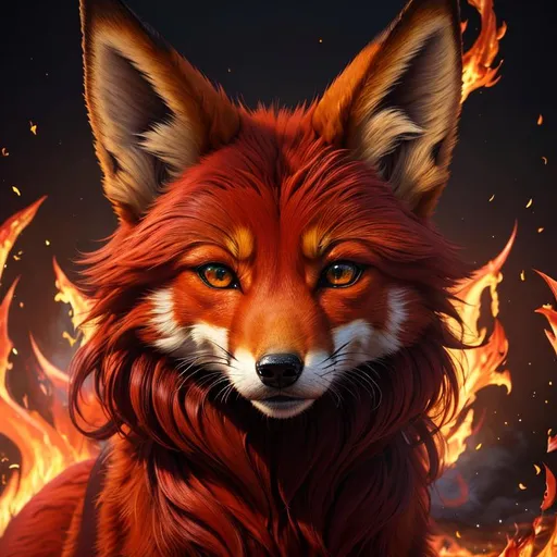 Prompt: (8k, 3D, UHD, ultra sharp, very detailed, masterpiece, detailed oil painting) portrait of fire elemental ((fox)), (canine quadruped), adolescent female, silky crimson-red fur, emerald green eyes, 8k eyes, youthful, lively, lithe, black fur highlights, long silky hair on crest, (plump), plump figure, umber red mane, solid red belly, beautiful charming grin, graceful, by Anne Stokes, by Yuino Chiri, gold magic fur lighlights, vivid colors, vibrant, beautiful blunt nose, global illumination, wispy brown ears, wispy ruby-red mane flowers on fur, snow-capped trees, complementary colors, cinematic, forest, rows of pink blossoming sakura trees, billowing mane, professional, unreal engine, dynamic, highly detailed, detailed smiling face, 4k, 64k, UHD