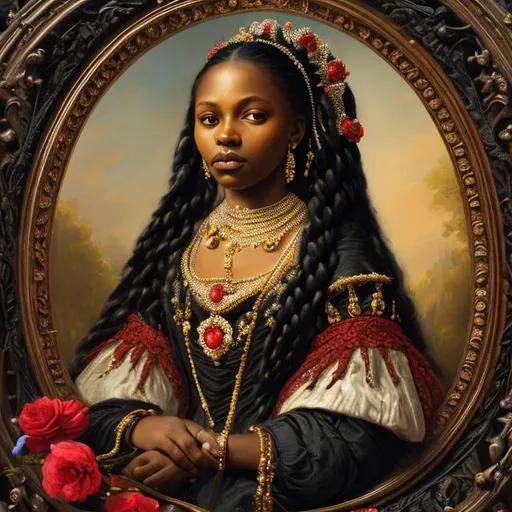 Prompt:   Portrait of a beautiful black queen holding flowers in 1850, realistic, super detailed, 8k, high quality, sharp focus, real skin, cheeks red, transparent, good proportion, intricate details, highly detailed, oil painting 