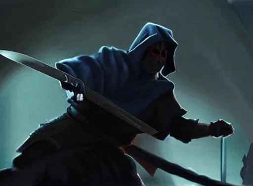 Prompt: "Mad" Ben Styke sword fight with cloaked assassin face to face in dark shadow street.