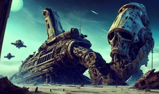 Prompt: wreck broken ancient huge old rusty spaceship astronauts discovering it skeletons laying all-over robots fixing ship graveyard 