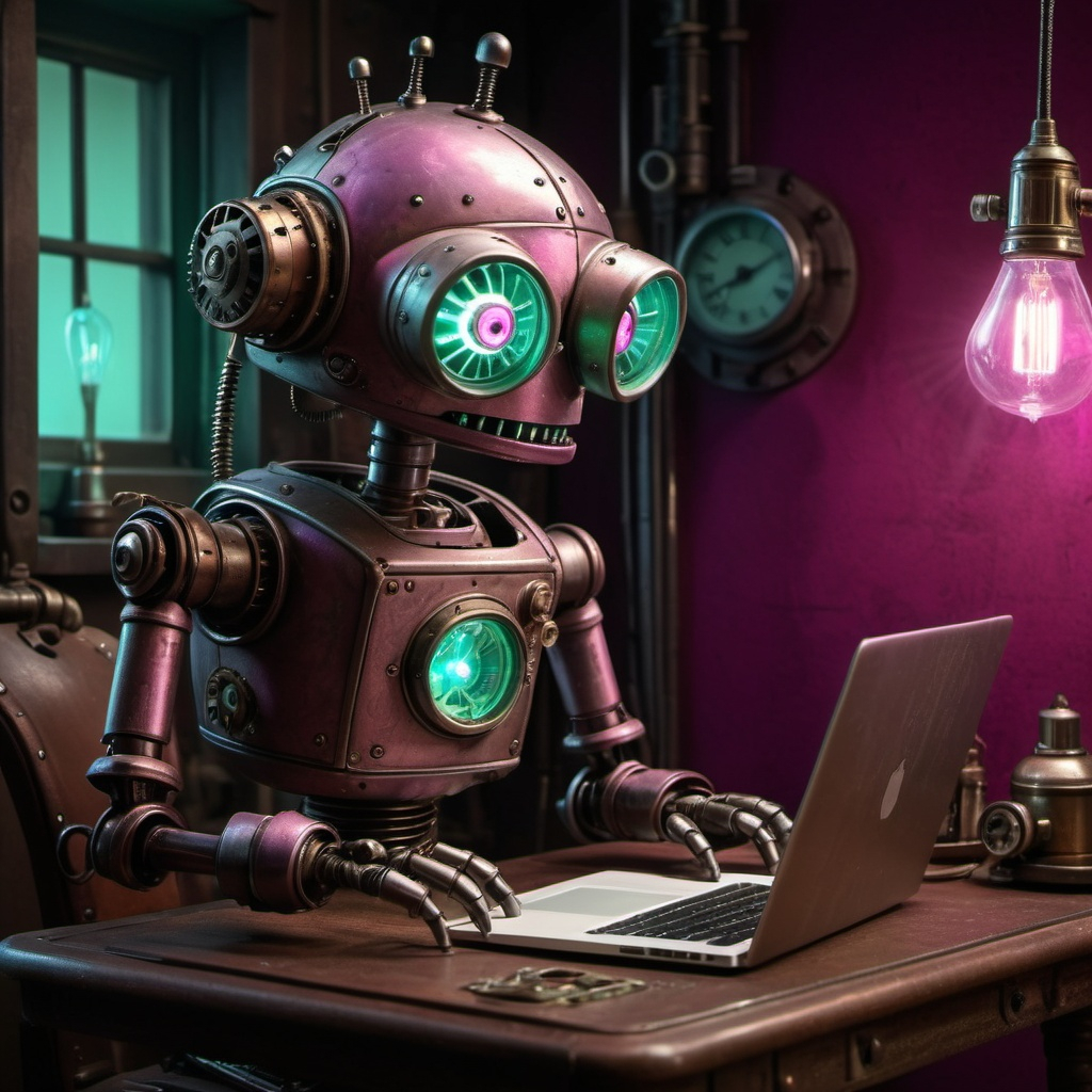 Josef Machinarium-like robot drawing on a laptop, st...