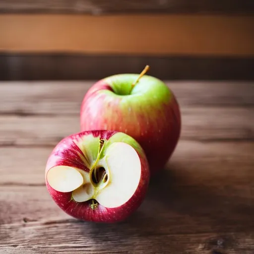 Prompt: an apple on  wooden table