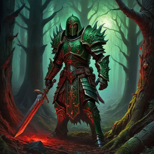 Prompt: Warhammer fantasy RPG style humanoid spar, highly detailed illustration, oil painting, dark and ominous atmosphere, intricate bark textures, haunting red and green hues, mystical forest setting, piercing glowing eyes, ancient and weathered appearance, best quality, highly detailed, oil painting, fantasy, dark atmosphere, intricate textures, mystical forest, glowing eyes, ancient appearance, haunting colors, professional, dramatic lighting
