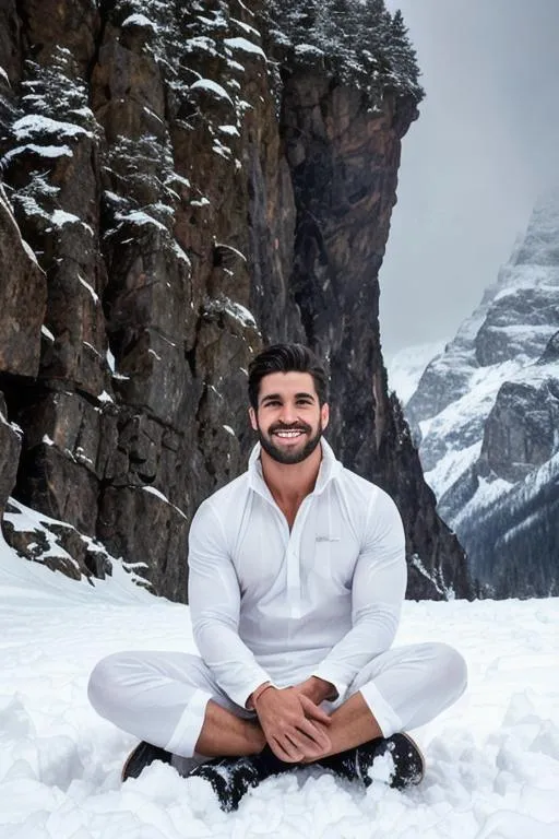 Prompt: a scene of ""hyperreal detailed face", "meditate", "lost in god", parsi hyperreal handsome rugged hypermasculine warrior boy in hyperreal stormy snow mountain, calm smile, white kameez, detailed, hyperreal, sitting, arena, perfect composition, hyperrealistic, super detailed, 8k, high quality, trending art, trending on artstation, sharp focus, studio photo, intricate details, highly detailed, by greg rutkowski
