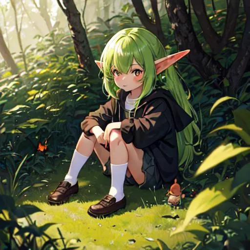 Prompt: A Goblin child dressed in raggy clothes, sitting in the woods behind a house, looking at bugs.