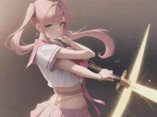 Prompt: a Caucasian young woman with round cheeks, as a modern Sailor scout carrying a sword on her back with pink hair in pigtails, wearing street style clothes, gold jewelry, in a space world with moody lighting