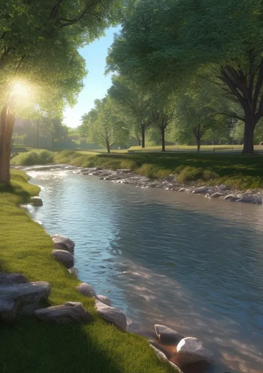 Prompt: 3d rendering, Soft lighting, strong sunshine, high hill with bench blurred in background, river stream running next to tree roots