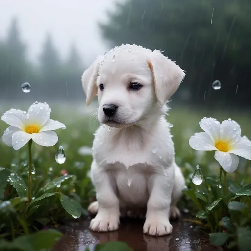 Prompt: teardrops, fog, morning dew, flower petal, rain, white, puppy, baby