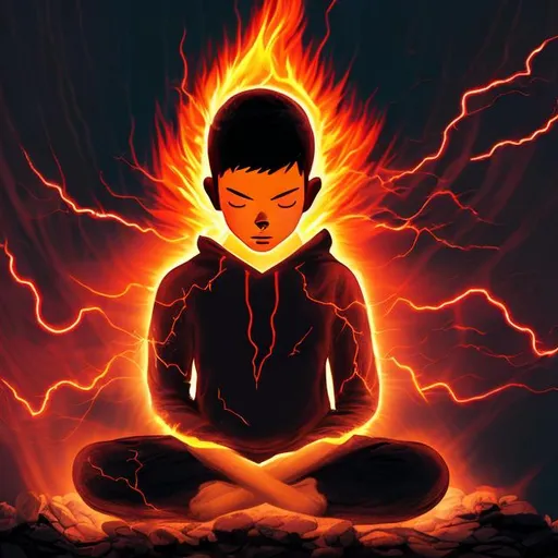 Prompt: A boy meditating face under  a hoodie and protected by (black color) fire and (red color)lightning under a cave