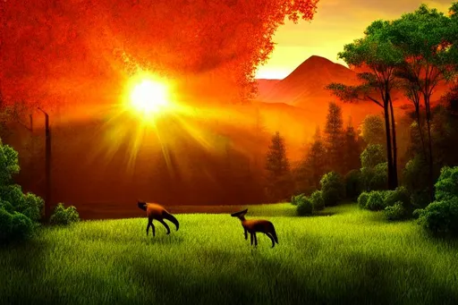 Prompt: forest, sunrise, animals running around, birds flying, a few clouds, bright green trees and leaves, bright red and orange sun rising, early morning, realistic, mountains in distence