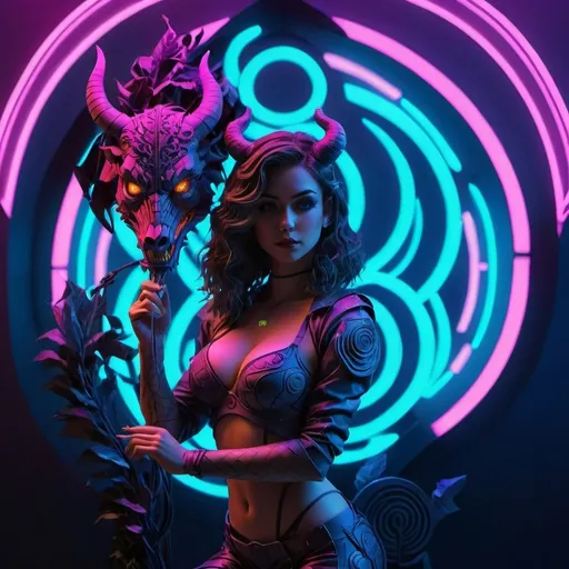 Prompt: a beautiful female demon in a dynamic pose in a retro futuristic synthwave cyberpunk neon paradise.  neon lighting, high quality, beautiful, synthwave, cyber, retro, futuristic