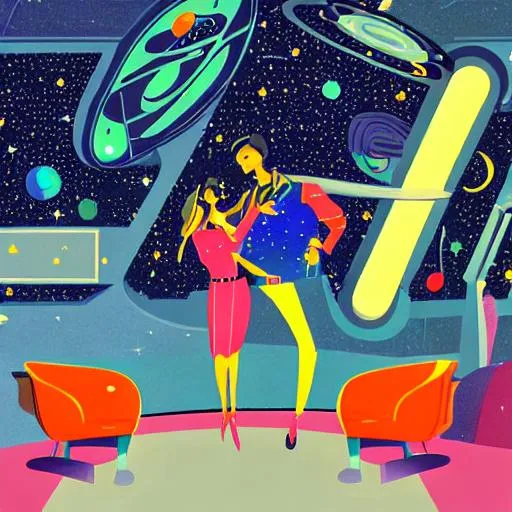 a space civilization with retro futurism furniture w...