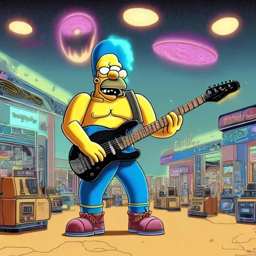 Prompt: Bodybuilding Homer Simpson playing guitar for tips in a busy alien mall, widescreen, infinity vanishing point, galaxy background