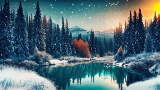 Prompt: realistic image of nature with trees, water, mountains, sunset, winter