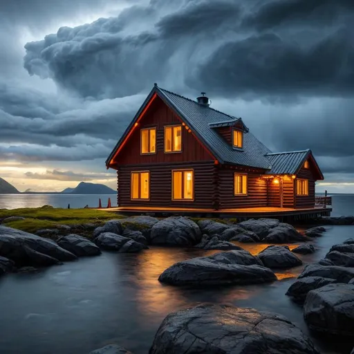 Prompt: Norwegian wooden house with a smaller tiny house lonely in a small island, light in cosy houses, night, storm, storm rage, dark, rocks, viking, stunning landscape, rage, mystic, intricated, 8K, 4K, ultra high definition, picture, award winning, wallpaper, complex dark colors, heavy clouds