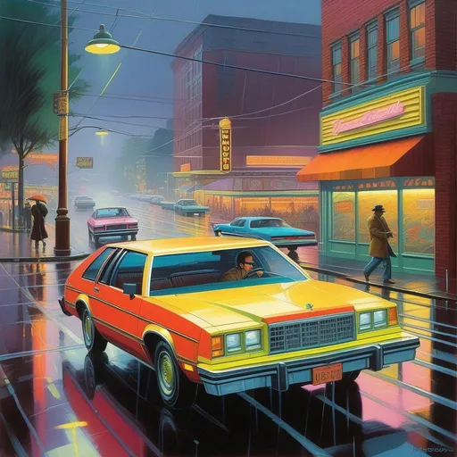 Prompt: 1980s, Seattle, neon, car chase, rainy weather, cold atmosphere, cartoony style, extremely detailed painting by Greg Rutkowski and by Henry Justice Ford and by Steve Henderson