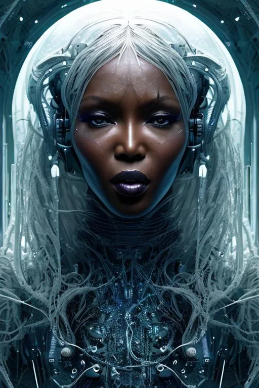Prompt: Can you write me a Open Art prompt that includes it using an uploaded portrait image and has the following descriptors :Naomi Campbell, scifi, futuristic, utopian, machine parts, white liquid embellished beautiful body, white face, long curly hair, dynamic lighting, digital art, wires, circuits, highly detailed, octane render, cinematic, hauntingly surreal, gothic, highly detailed and intricate, rich deep colors

