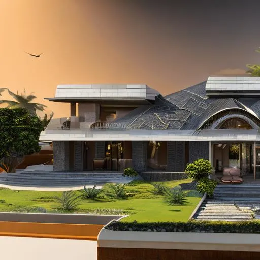 Prompt: modern design of beautiful detailed  2 story family house with a diamond and copper roof and intricate and artistic congolese minerals details with elements of precolonial Congolese inspiration inmodern kinshasa, volumetric natural light wakanda style, cinematic light, ultra realistic, vray, far view, perspective landscape