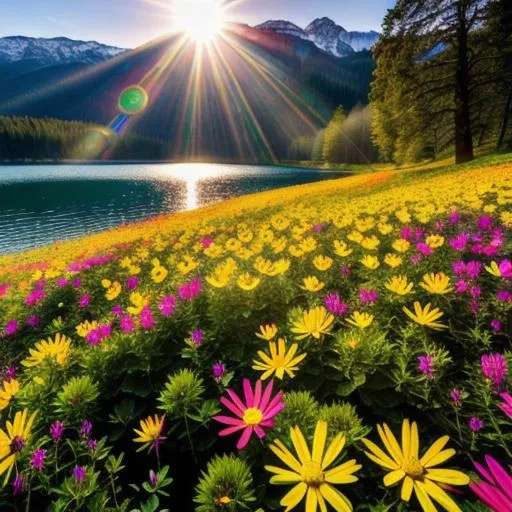 Prompt: Sun rays shining down over a field of multicolored flowers around a Lake, Vivid Colors, hyperdetailed, photorealistic, Beautiful Details, intricate Details, Colorful, Film Quality, 3D, 64K resolution, Dynamic Lighting, Sun Spot, Detailed Flower Peddles.