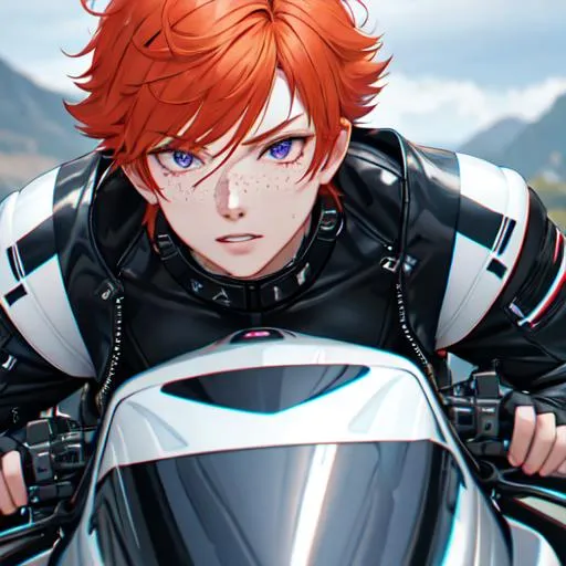 Prompt: Erikku male (short ginger hair, freckles, right eye blue left eye purple) muscular, riding a motorcycle. UHD, 8K, Highly detailed, wearing biker gear, close up shot of the motorcycle, insane detail, best quality, high quality