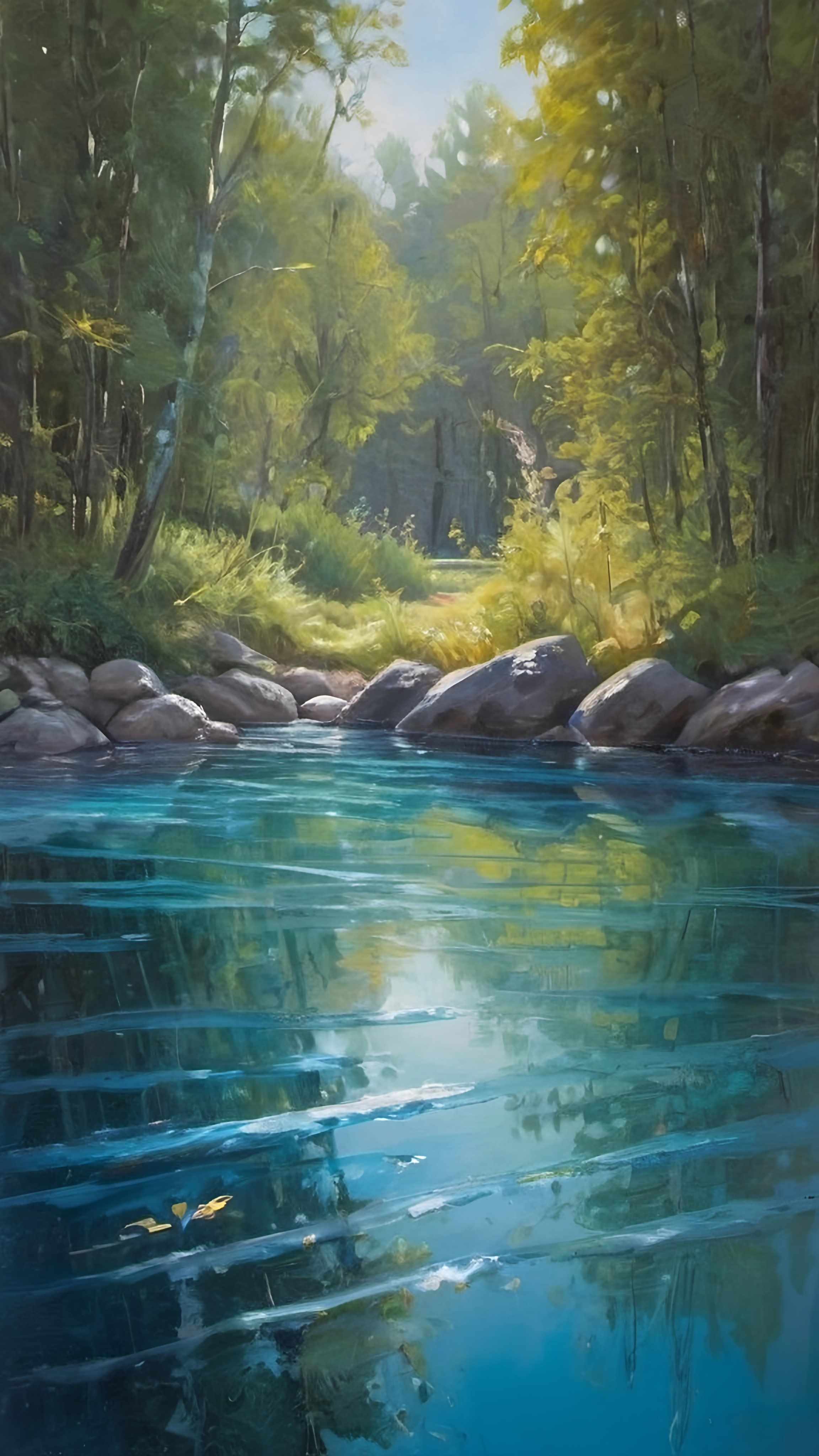 Prompt: a painting of a river with rocks and trees in the background and a blue sky reflecting in the water, detailed oil painting, an oil painting