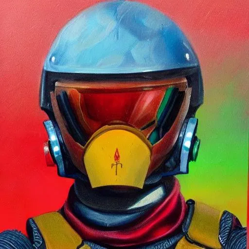 Prompt: a detailed portrait painting of a lone bounty hunter pilot wearing combat helmet. Bright colours
